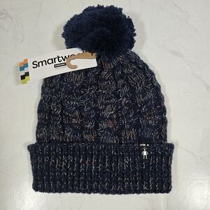 Smartwool Isto Retro Beanie Women's Cable Knit Pom Cuffed Merino Wool Bend Navy